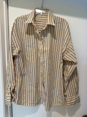 Favorite Daughter Long-Sleeve Striped Button-Down in Yellow & Navy Size Medium